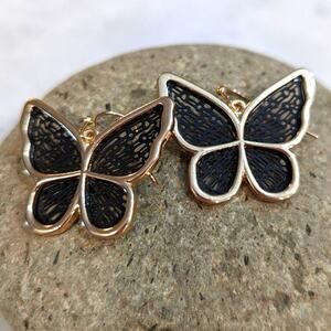 BUTTERFLY Goldtone and Black Filagree 3D Hook Earrings